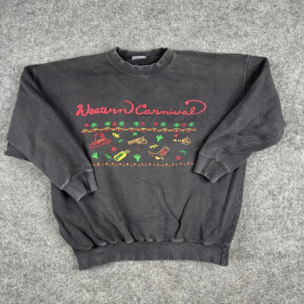 Creation Sweatshirt Mens Size XL Faded Black Western Carnival Graphic Vintage